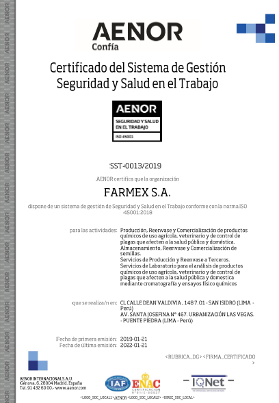 Certificado del Sistema de Gestión Seguridad y Salud en el Trabajo